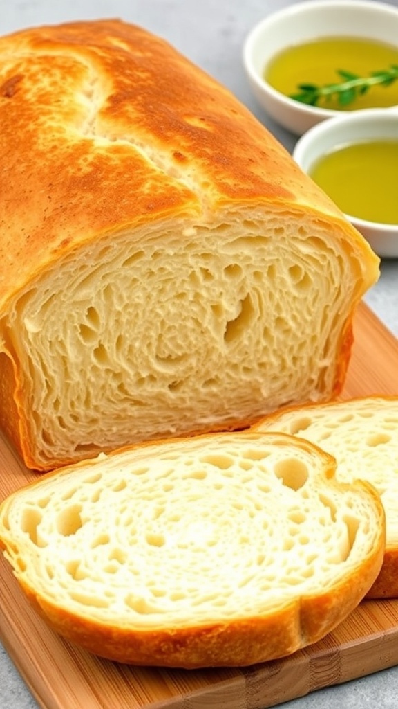 Gluten-Free Bread Recipe with Bob A golden brown loaf of gluten-free bread sliced on a wooden board, with a dish of olive oil and herbs.